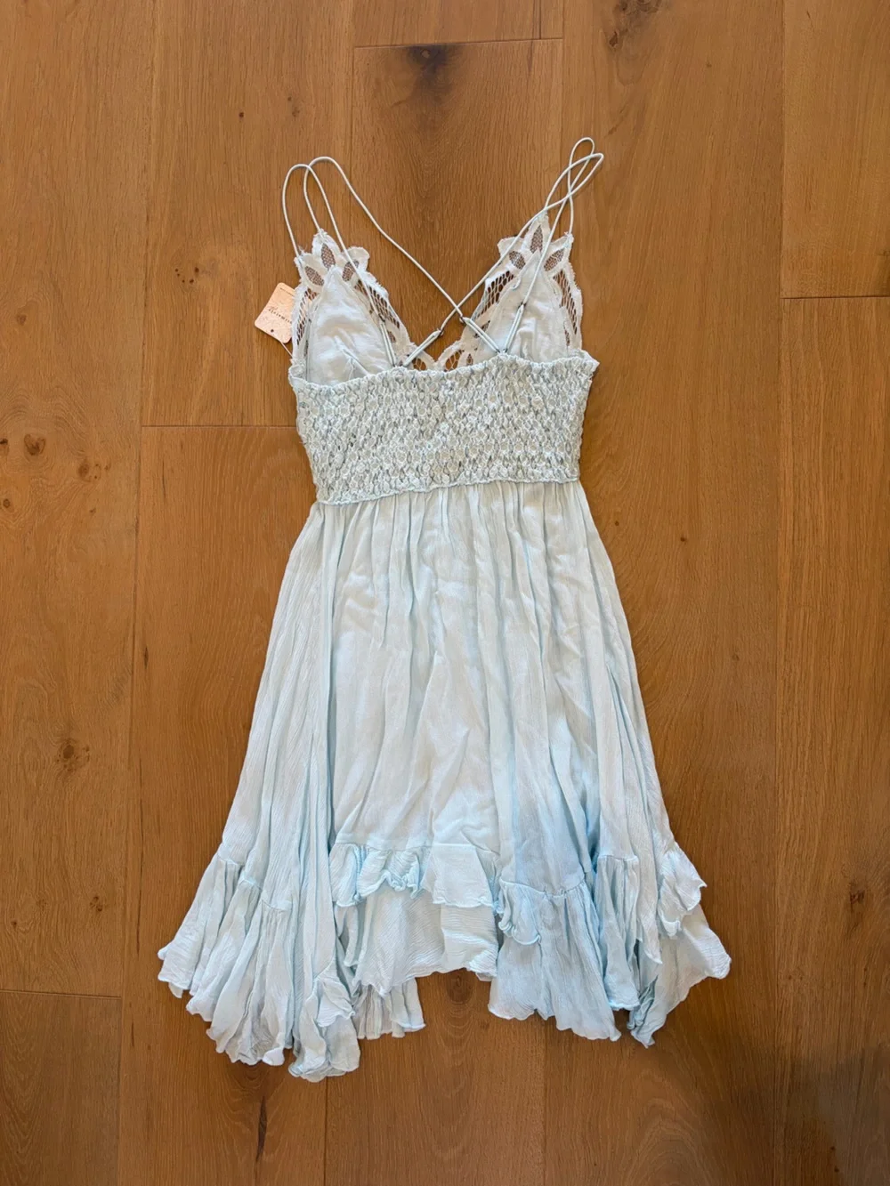 NWT Free People Blue Seawashed Adella Slip- Lace Crochet Asymmetrical Mini Dress